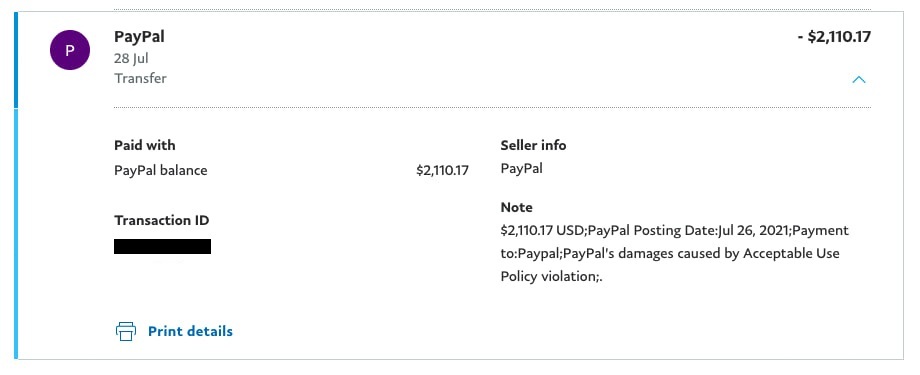 PayPal Loss Recovery and AUP damages screenshot: balance deducted as PayPal's damages caused by Acceptable Use Policy violation
