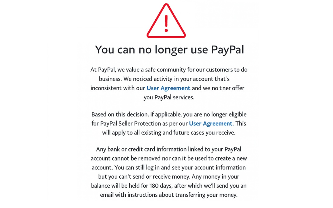 PayPal Loss Recovery memo screenshot: PayPal account limitation email stating funds held for 180 days before balance wipe